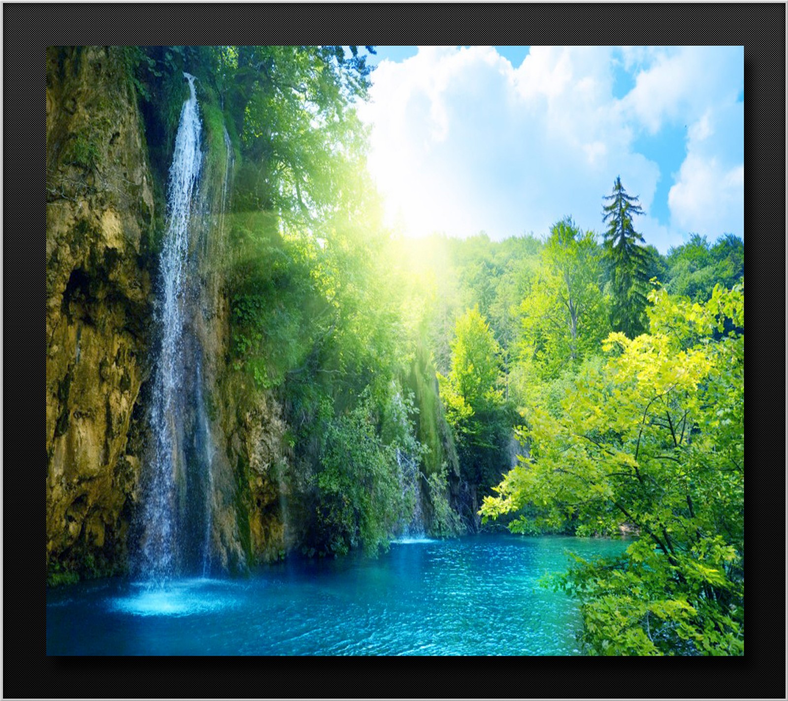 Arafed sicht auf einen wasserfall in einem wald mit einem blauen teich (blau, grün, see, natur, fluss)