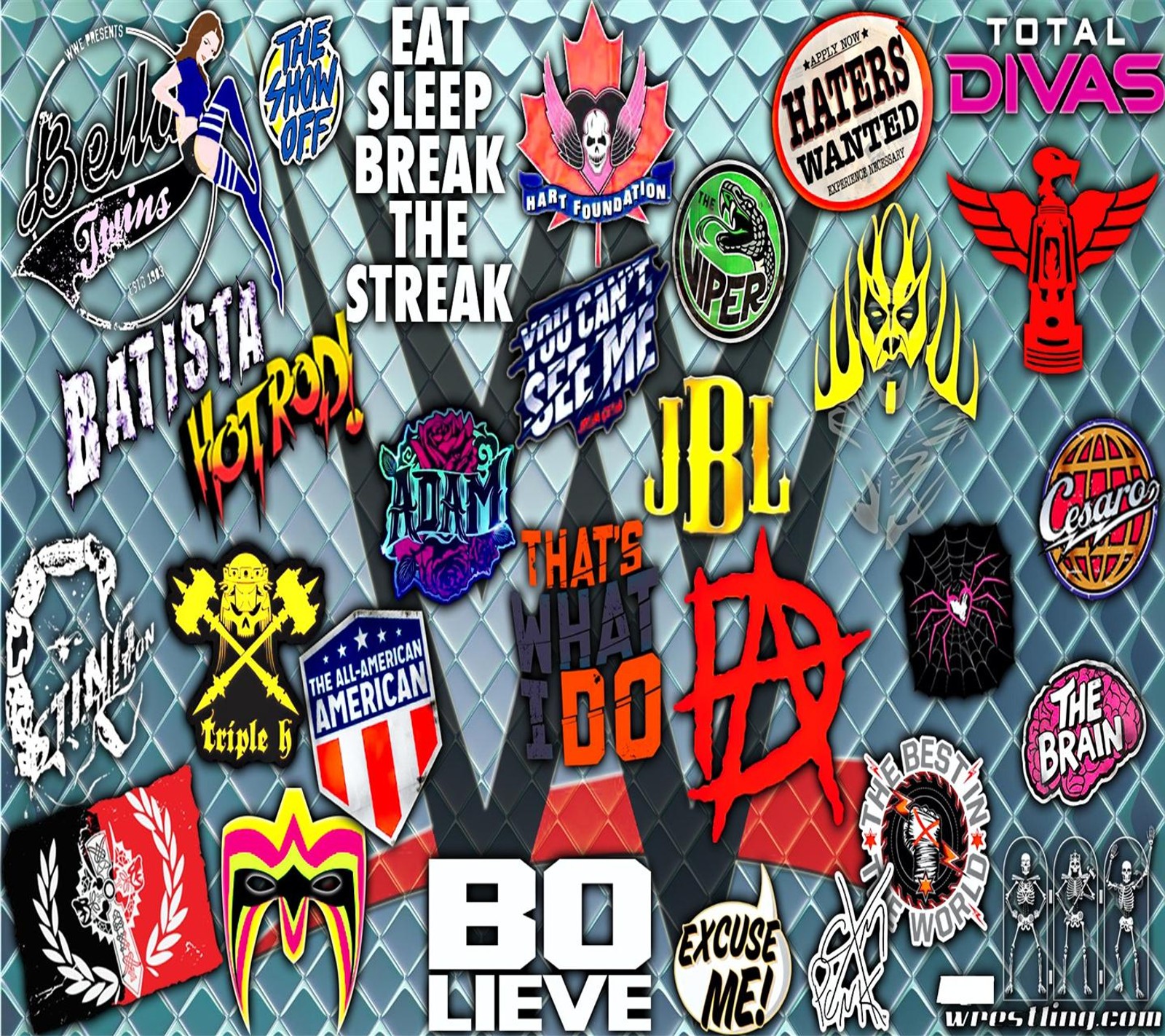 A close up of a poster with many different logos on it (entertainment, hollywood, raw, smackdown, superstars)