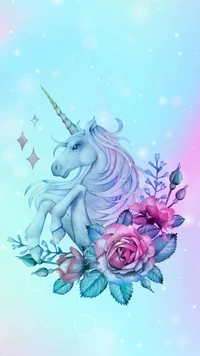 Un licorne fantaisiste entourée de roses vibrantes et de douces teintes pastel.