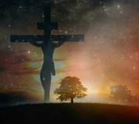 Un crucifix silhouetté contre un fond cosmique, avec un arbre au premier plan, symbolisant la foi et l'espoir.