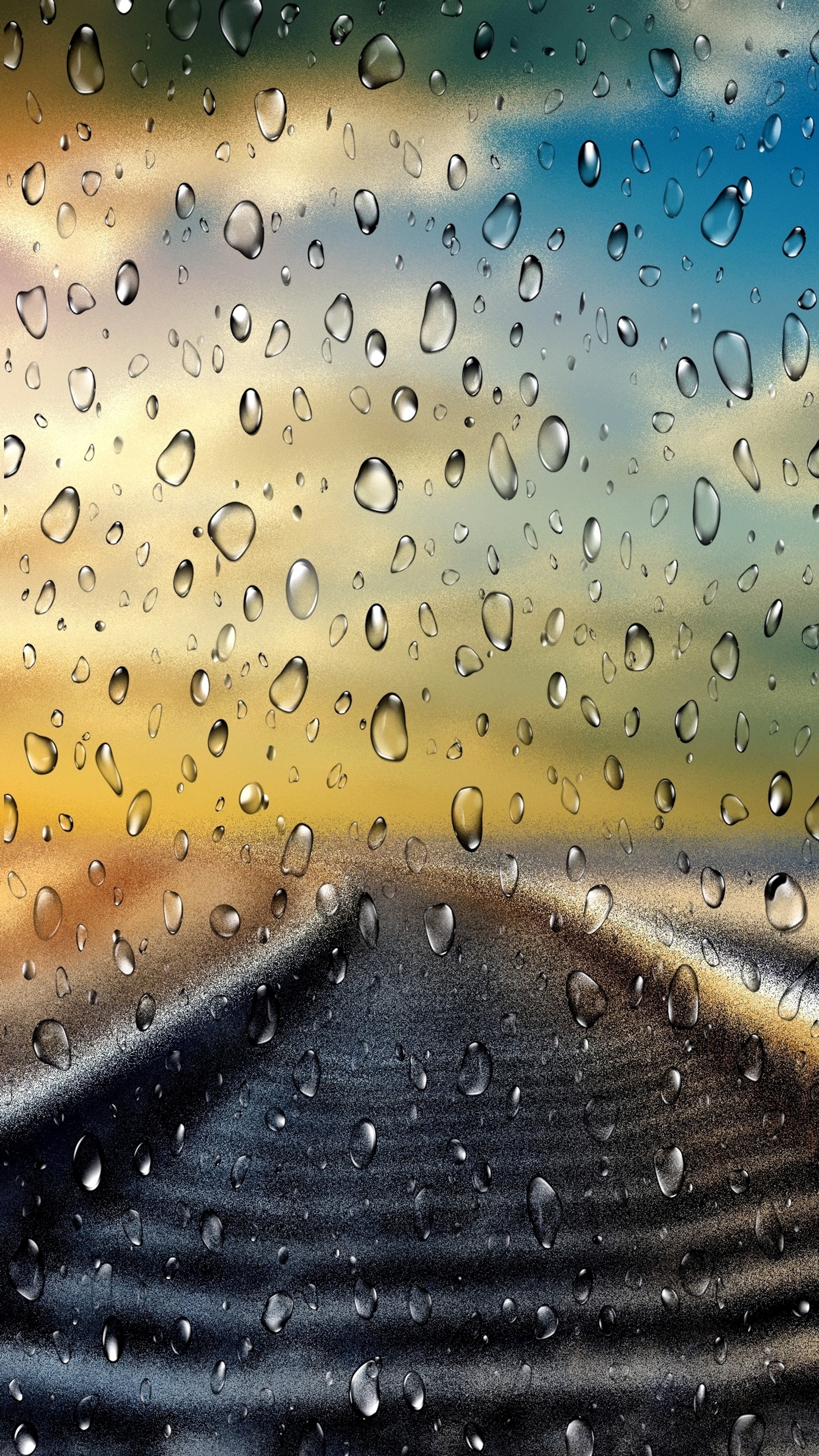 A close up of a rain covered window with a road in the background (drops, rain)