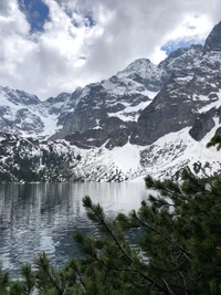 Schneebedeckte Bergkette spiegelt sich in einem ruhigen Hochlandsee