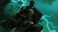 Batman, se tenant de manière dramatique contre un fond orageux, incarnant la force et l'obscurité avec une cape frappante et une expression féroce.