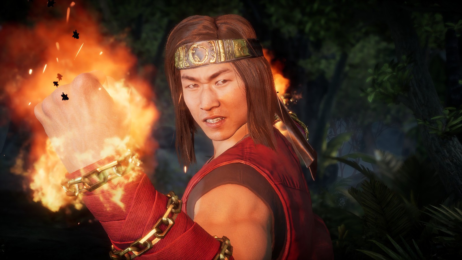 Мужчина в красном наряде держит огонь в руке (лю кан, liu kang, mortal kombat 11, видеоигра)