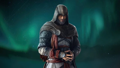 Basim aus Assassin's Creed Valhalla vor einem mystischen Aurora-Hintergrund