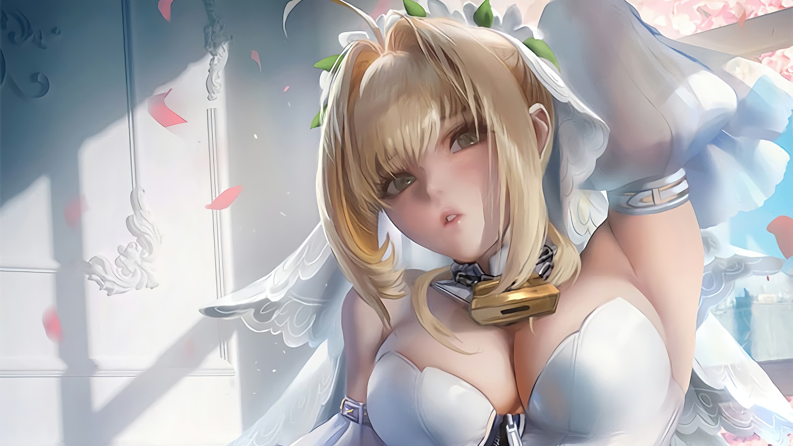 Fille anime dans une robe blanche avec un nœud (sabre, fategrand order, fate grand order, anime, filles)