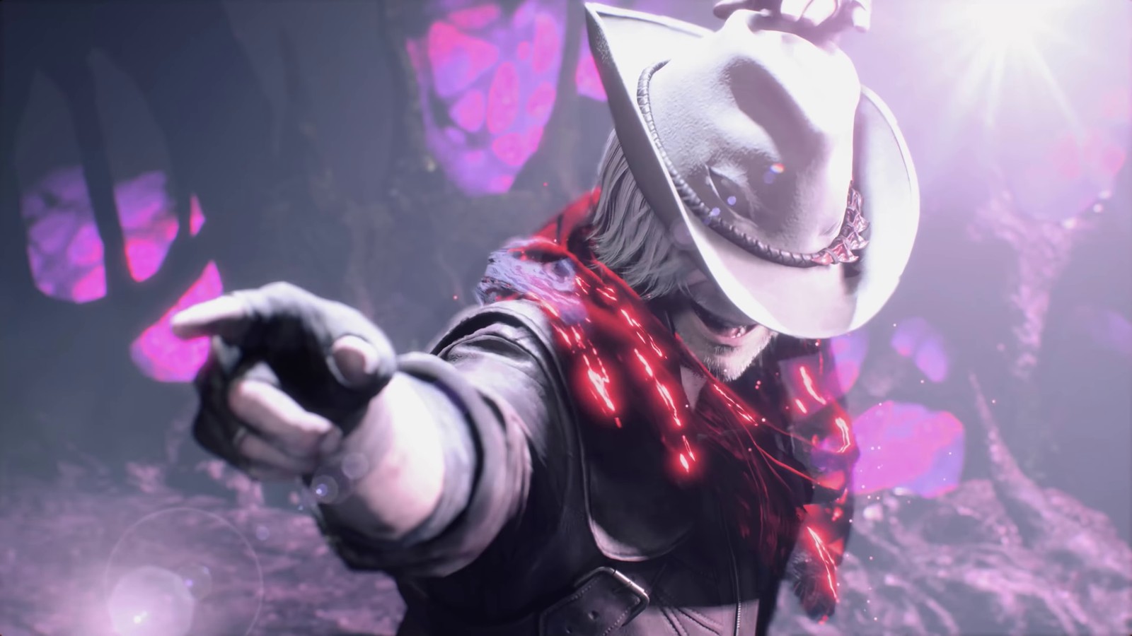 Un primer plano de una persona con un sombrero y un disfraz (dante, devil may cry 5, videojuego)