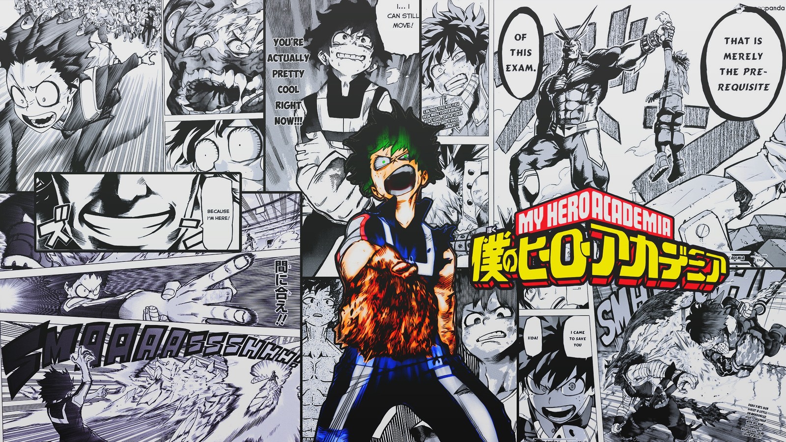 Un primer plano de un cómic con un montón de personajes (izuku midoriya, deku, boku no hero academia, my hero academia, anime)