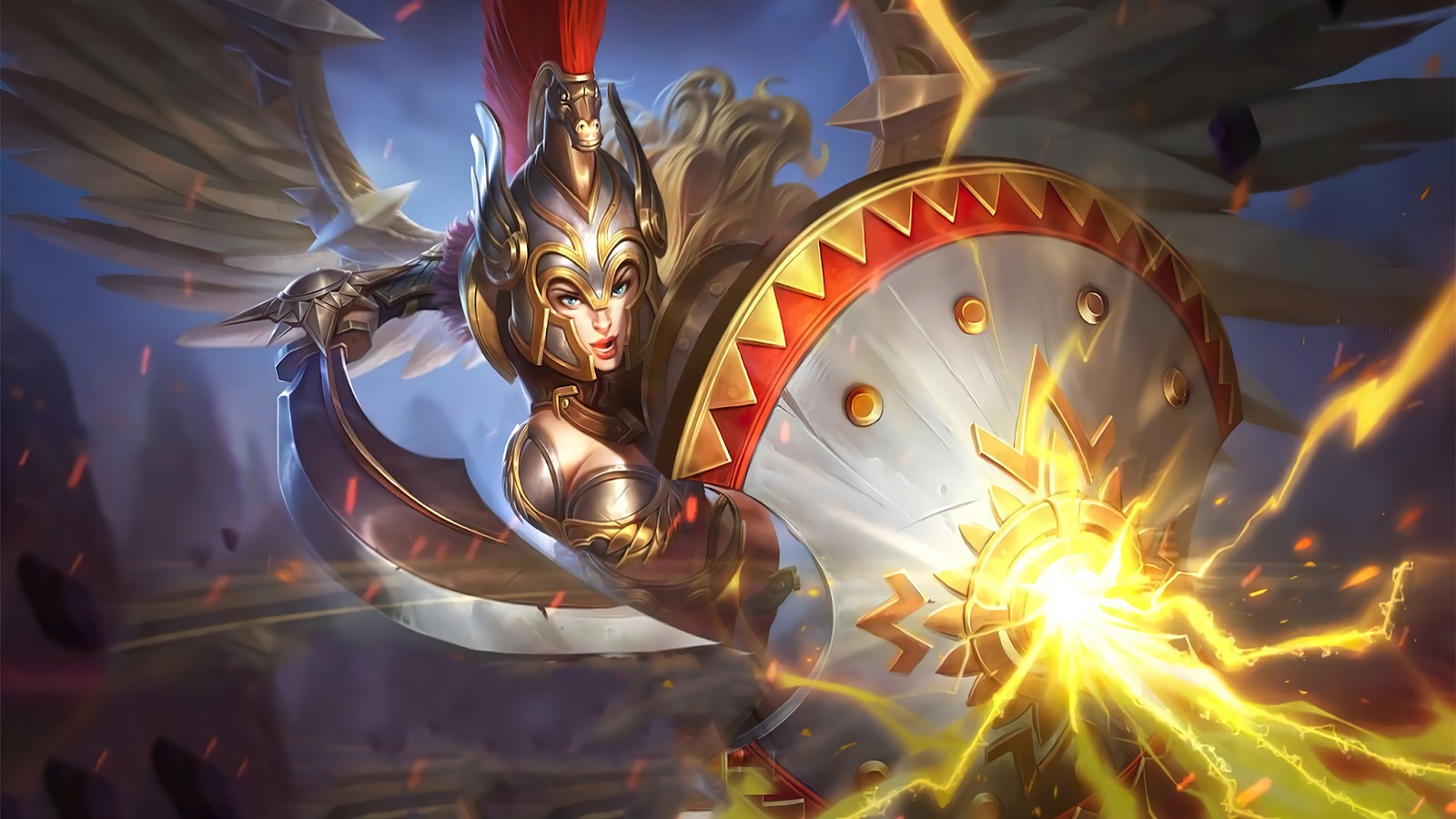 Une femme en armure tient un bouclier et une épée (freya, gladiateur, peau, mobile legends, bang bang)