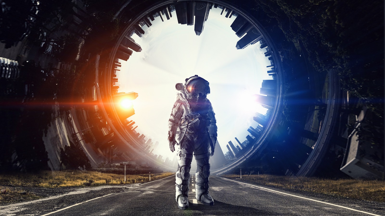 Image d'art d'un astronaute marchant dans un tunnel vers le soleil (astronaute, science fiction, art numérique)