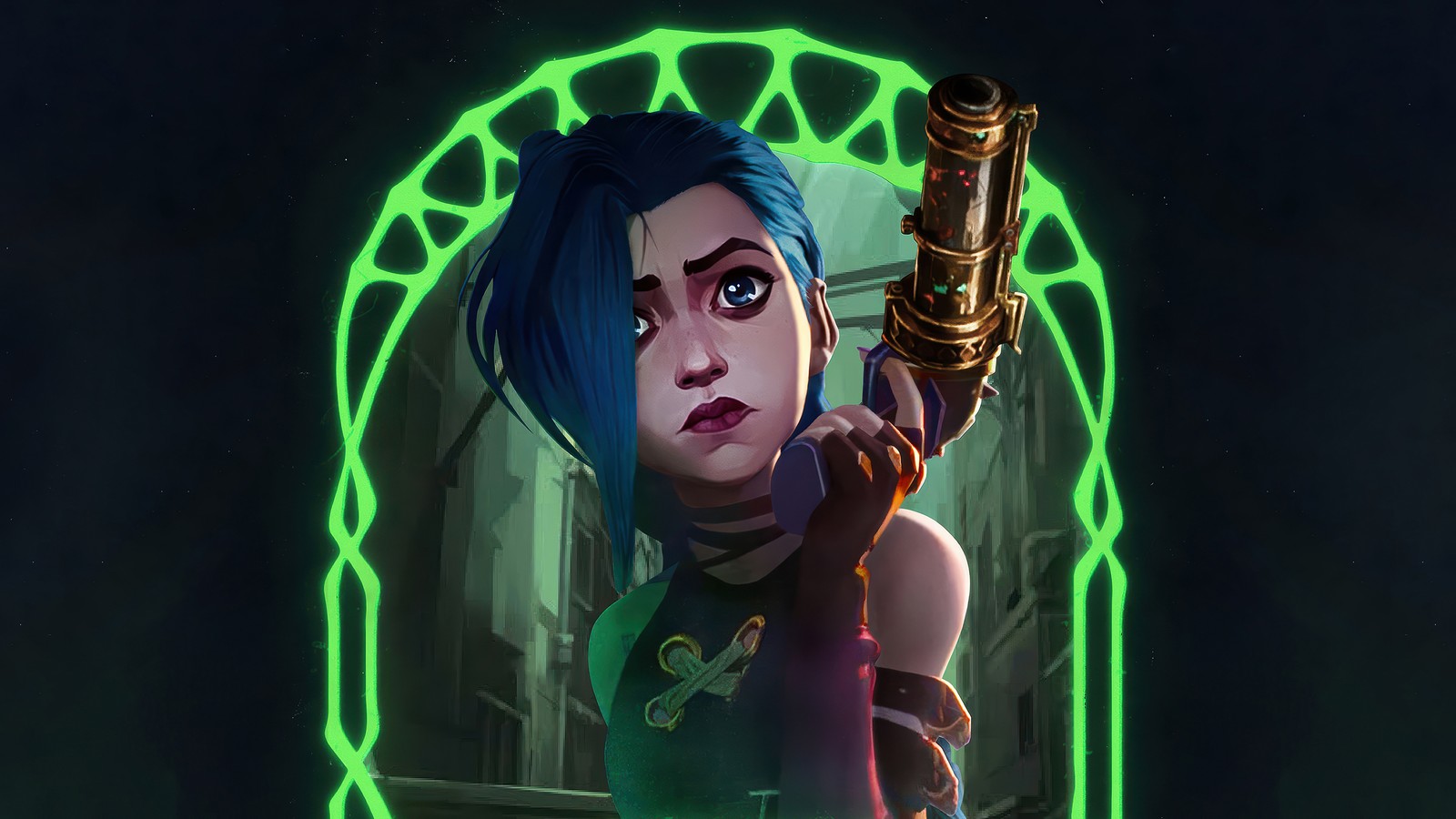 A woman with blue hair holding a gun in front of a green archway (jinx, arcane series, tv series, league of legends)