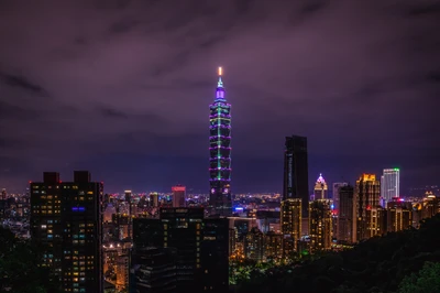 Taipei 101 iluminado: Um deslumbrante horizonte urbano noturno