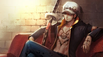 Trafalgar Law Relaxing with Sword in One Piece Anime Artwork