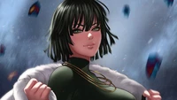 Fubuki de One Punch Man exalando confiança em um fundo dinâmico e tempestuoso.