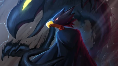 Fumikage Tokoyami se presenta con confianza, envuelto en la oscuridad, mientras su poderoso quirk, Sombra Oscura, se cierne detrás de él, encarnando la esencia de su identidad heroica negro azabache en "My Hero Academia".