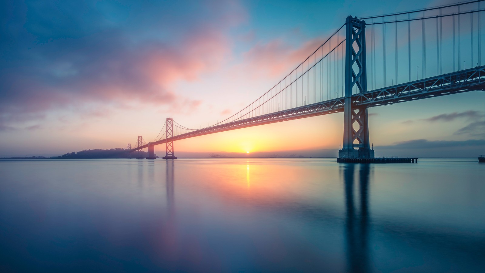 Скачать обои мост окленд бэй, oakland bay bridge, восход солнца, сан франциско, калифорния