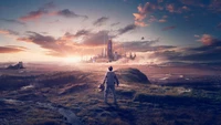 astronaut, landscape, sci fi, science fiction, city wallpaper