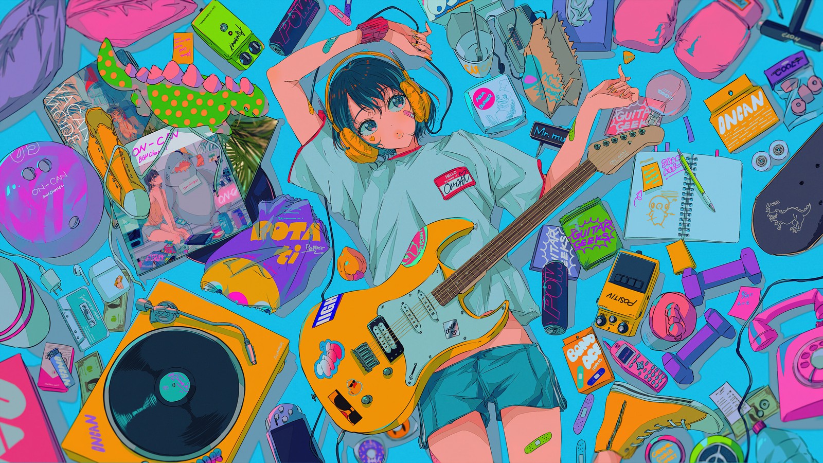 anime, anime girls, guitar, music, headphone Download Wallpaper