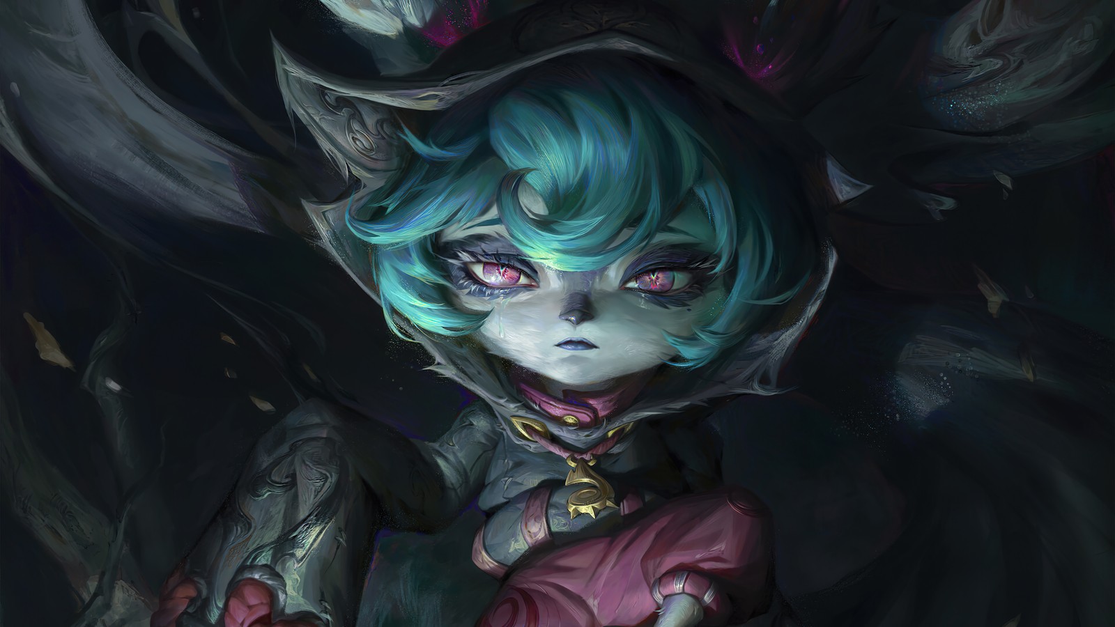 A close up of a person with blue hair and a demon like face (vex, league of legends, lol, video game, art)