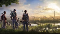 Überlebende, die auf ein post-apokalyptisches Washington D.C. in The Division 2 blicken