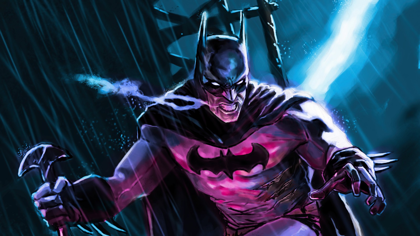 Batman in the rain with a bat and a sword (batman, dc comics, comics, comic, superhero)