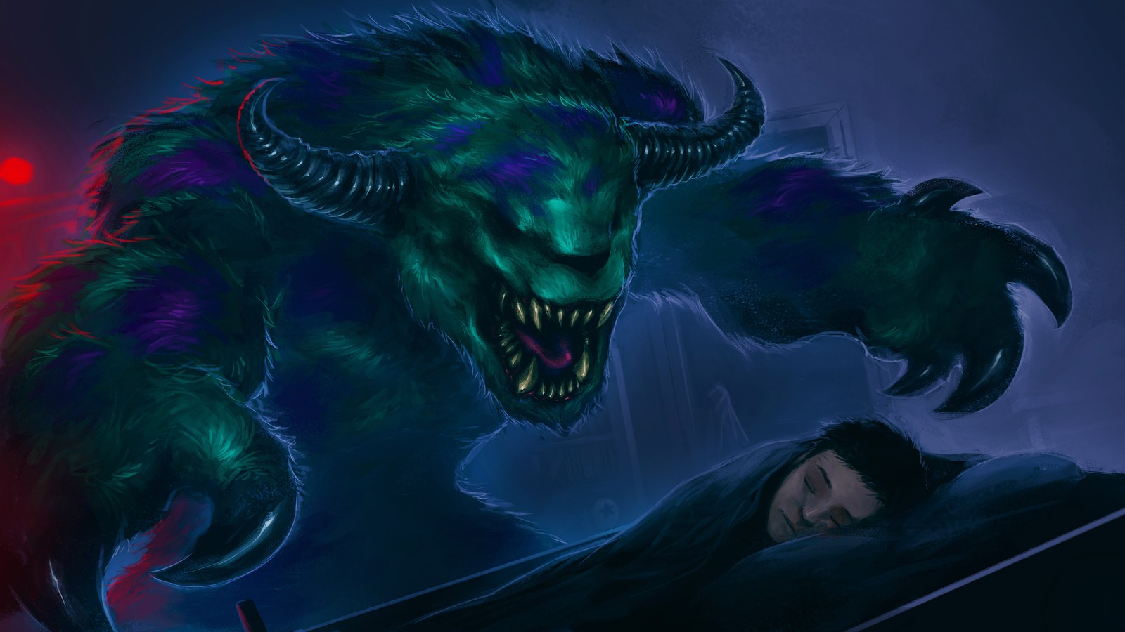 A close up of a person laying in bed with a monster on the bed (art, sleep, drawing, jaw, fang)