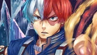 Shoto Todoroki libera seus poderes em uma cena dinâmica de My Hero Academia.