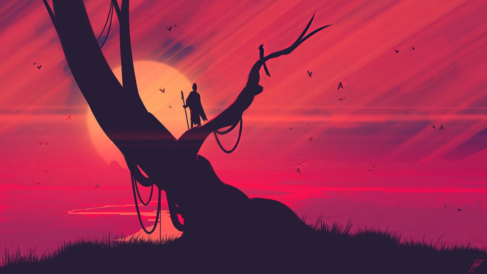 A lone man standing on a tree in the sunset (night, sunrise, landscape, silhouette, illustration)