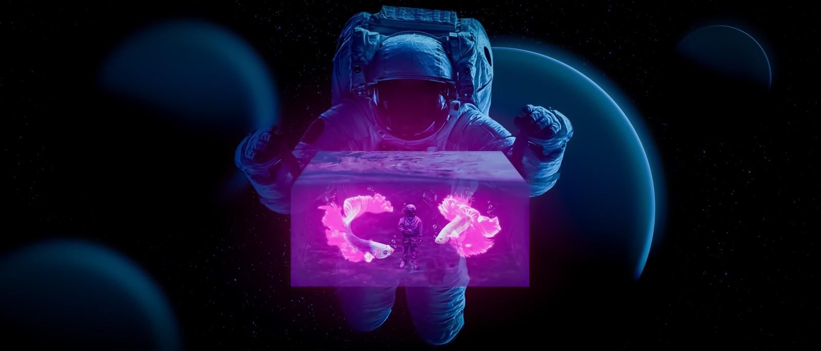 astronaut, water cube, fish, photo manipulation, dark background wallpaper