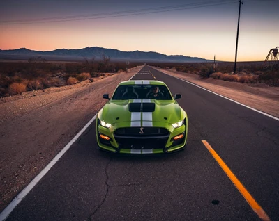 Ярко-зеленый Ford Shelby Mustang на открытой пустынной дороге на закате.