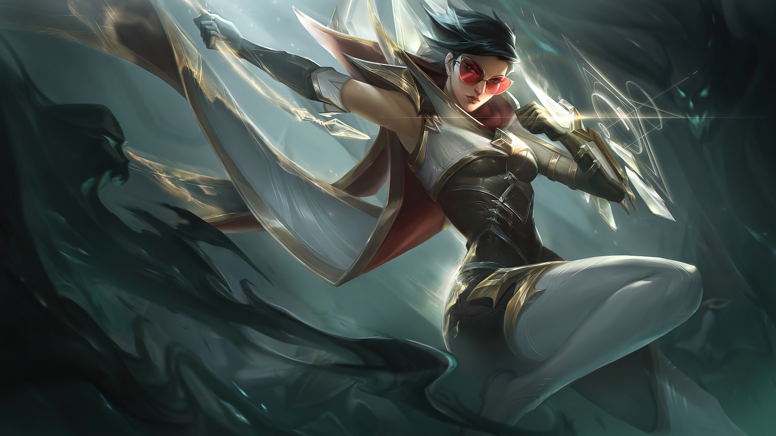 Una mujer con un atuendo blanco y negro sosteniendo una espada (vayne, centinela, lol, league of legends, videojuego)