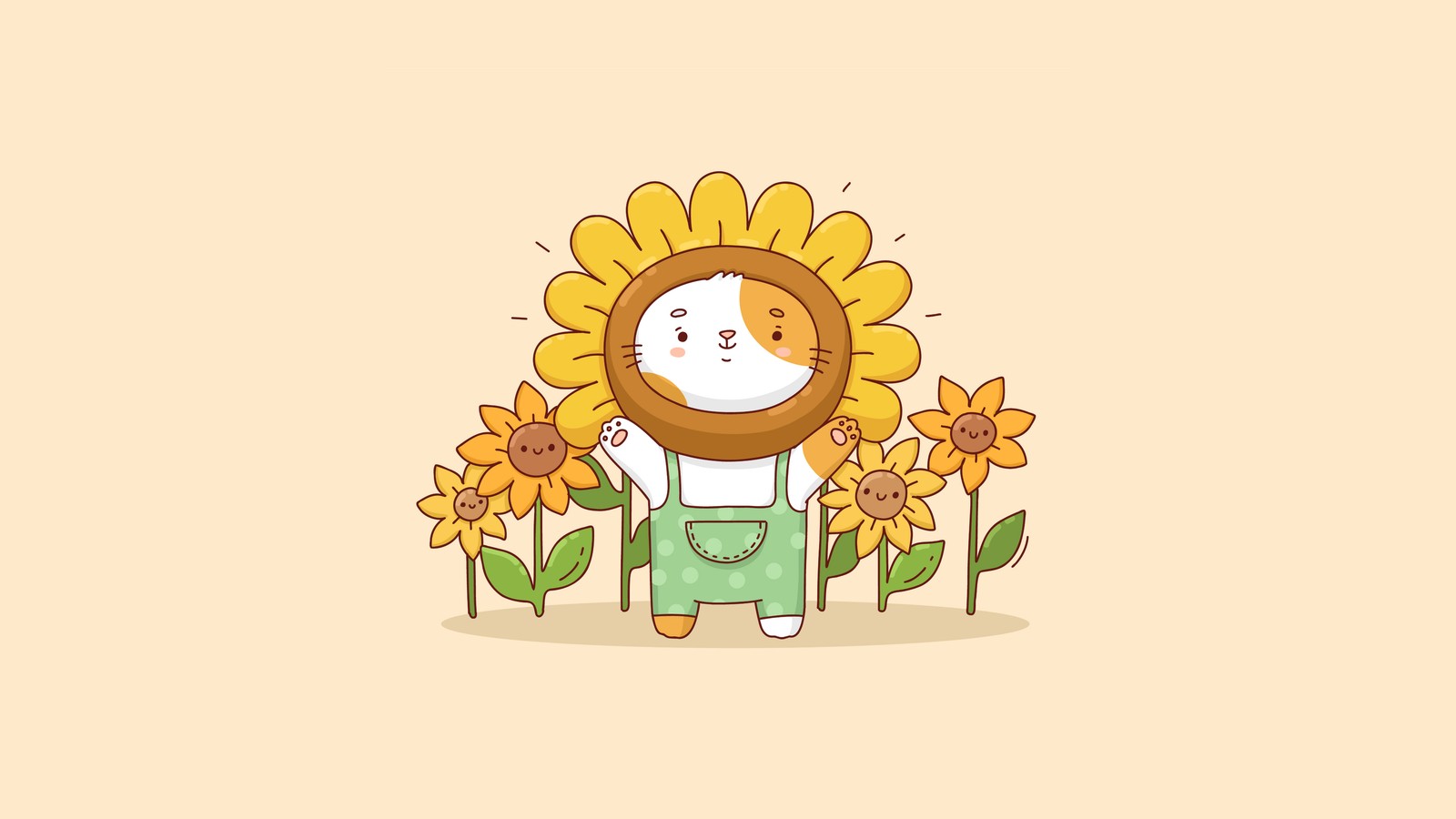 Um gato em um traje de girassol em pé diante de um campo de flores (kawaii sunflowers, fantasia fofa, fantasia kawaii, cute sunflowers, 5k)