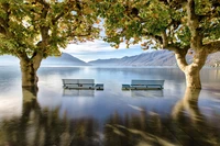 Reflexão matinal tranquila à beira do lago nos Alpes suíços