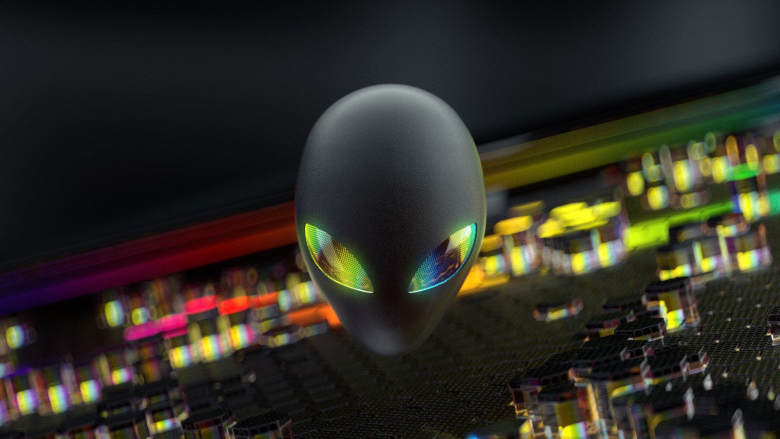 Alien looking at computer keyboard with rainbow light coming from it (alienware, spectrum, official, logo, stock)