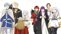 A group of diverse characters from "Frieren: Beyond Journey's End," standing together against a white background, celebrating with confetti, embodying themes of camaraderie and adventure.