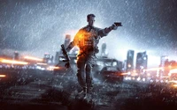 Cena de ação dinâmica de um videogame da Electronic Arts: soldado na chuva com armas prontas