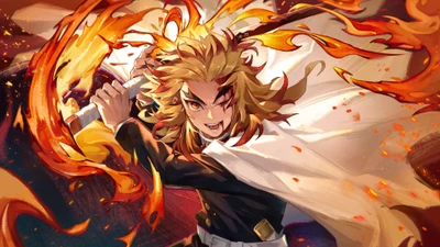 Kyojuro Rengoku, o Hashira da Chama, libera seu poder flamejante em uma pose dinâmica, empunhando sua espada em meio a chamas vibrantes.