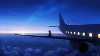 Dreamlike Sunrise Over the Horizon: A Solitary Figure on an Airplane Wing