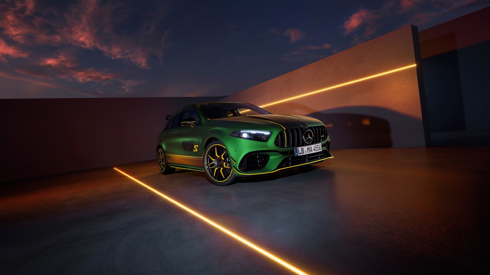 The mercedes suv is shown in a dark room with a bright light (mercedes amg a 45 s 4matic, final edition, 5k, cars, 4k wallpaper)