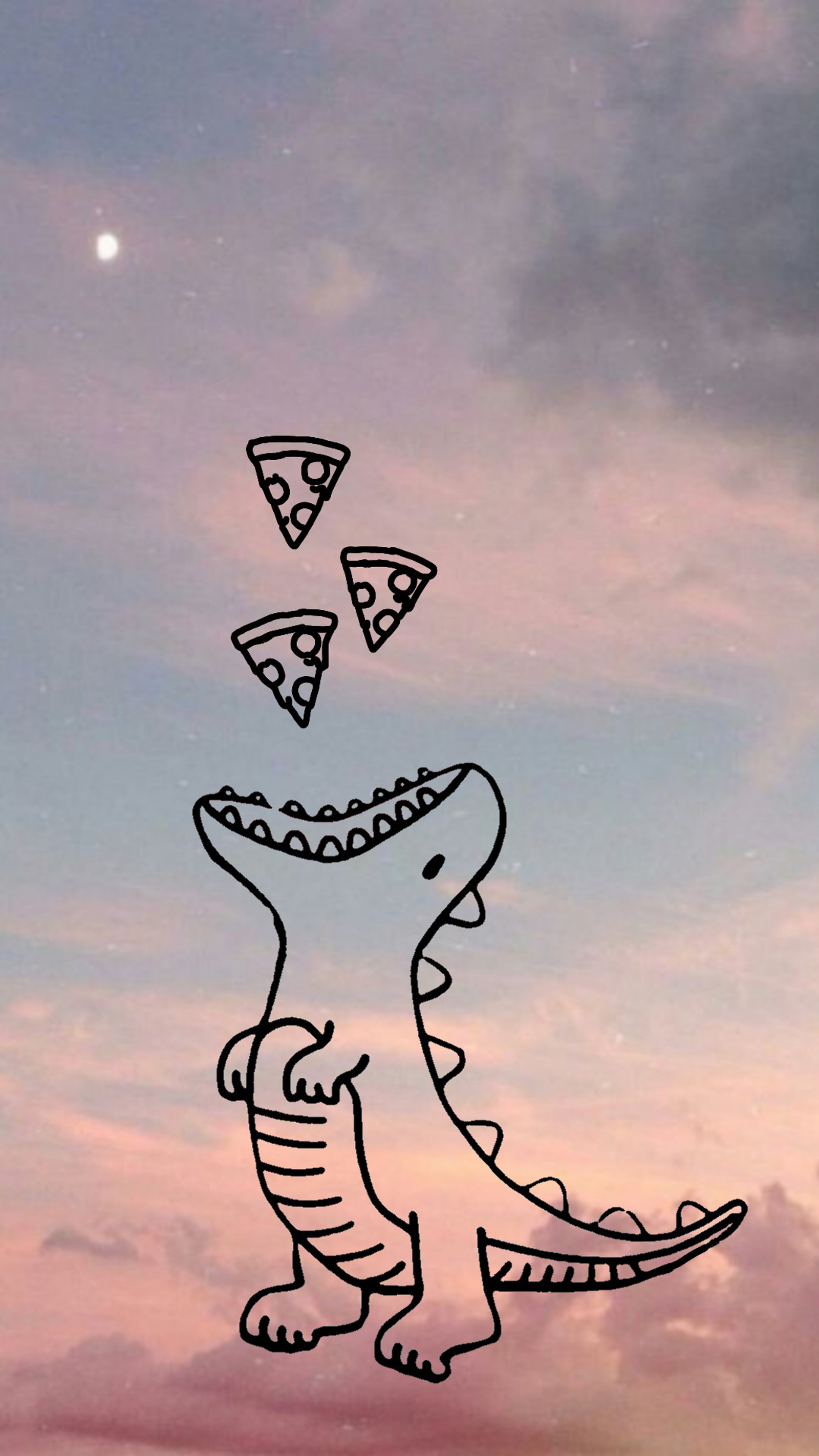 Il y a un dessin d'un dinosaure avec de la pizza sur la tête (mignon, dinosaure, nourriture, pastel)