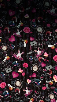 A whimsical pattern featuring elements from "Alice in Wonderland," including roses, clocks, hats, hearts, and playful rabbits against a dark background.