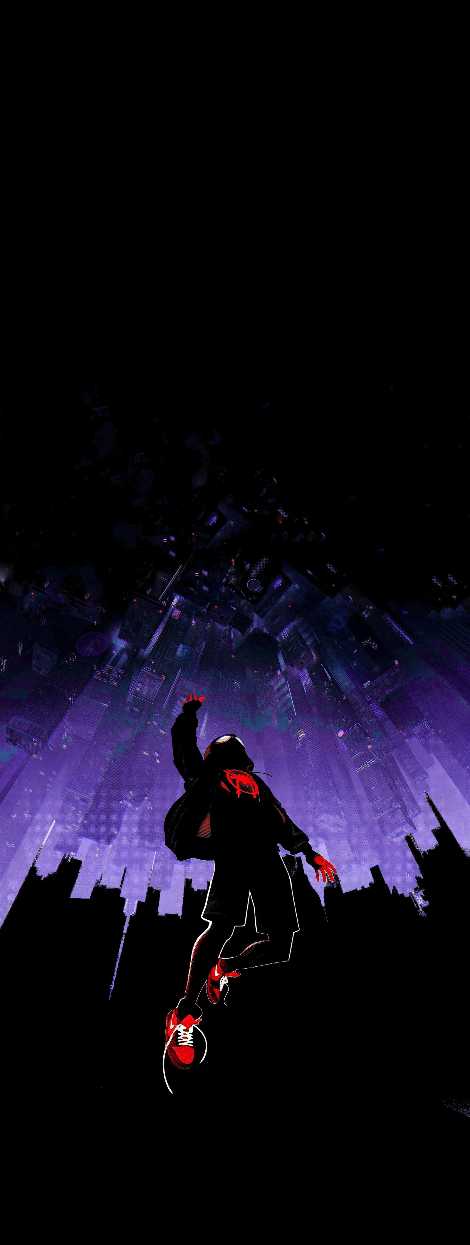 Spider - man in the dark with a city background (amoled, battery saver, black, dark, miles moralis)