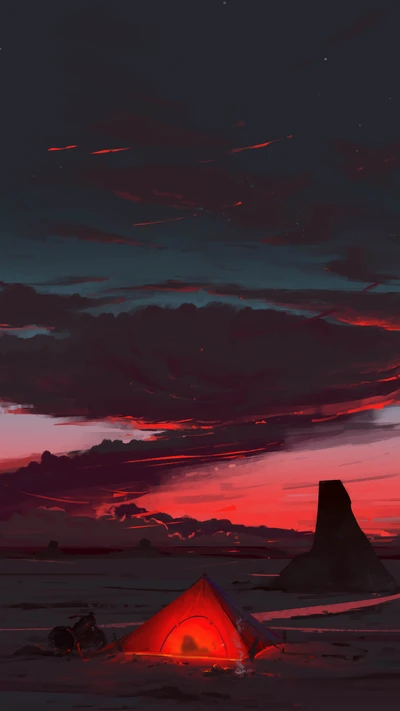 Red Tent Under a Dramatic Sky at Dusk