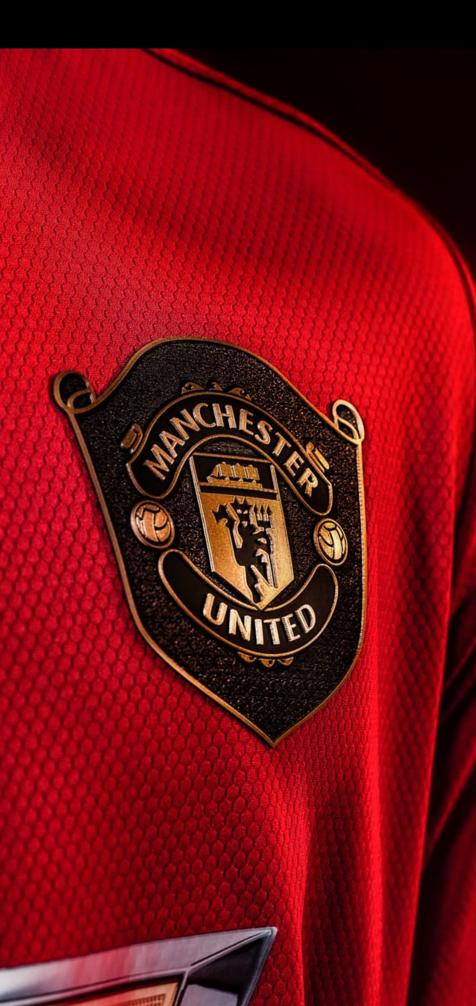 Eine nahaufnahme eines manchester united shirts mit einem wappen darauf (schwarz, teufel, fußball, gold, manchester)