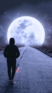 A solitary figure walking towards a luminous moon on a deserted road, surrounded by a cosmic backdrop.