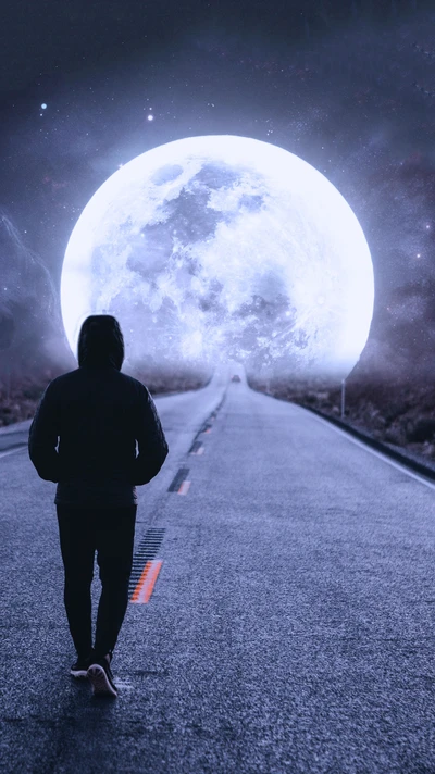 A solitary figure walking towards a luminous moon on a deserted road, surrounded by a cosmic backdrop.