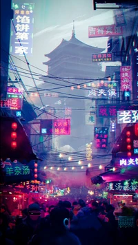 china, ciudad, luces, neón, noche