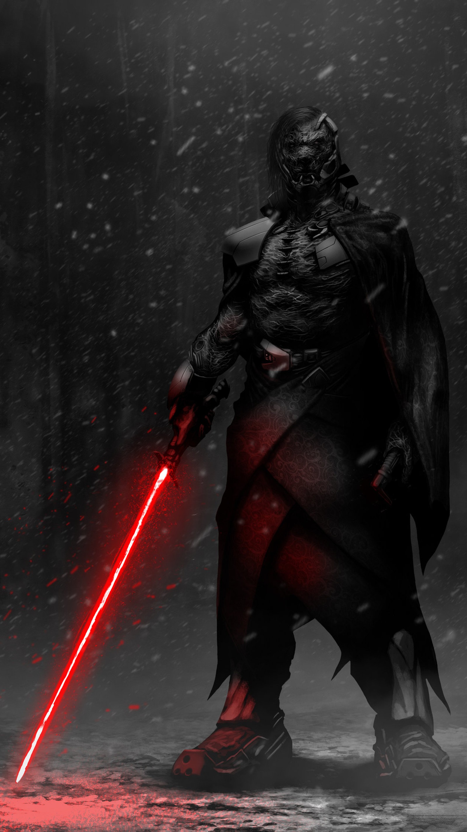 Dartmock dans la neige avec un sabre laser rouge (art, sombre, darth vader, mal, fantaisie)