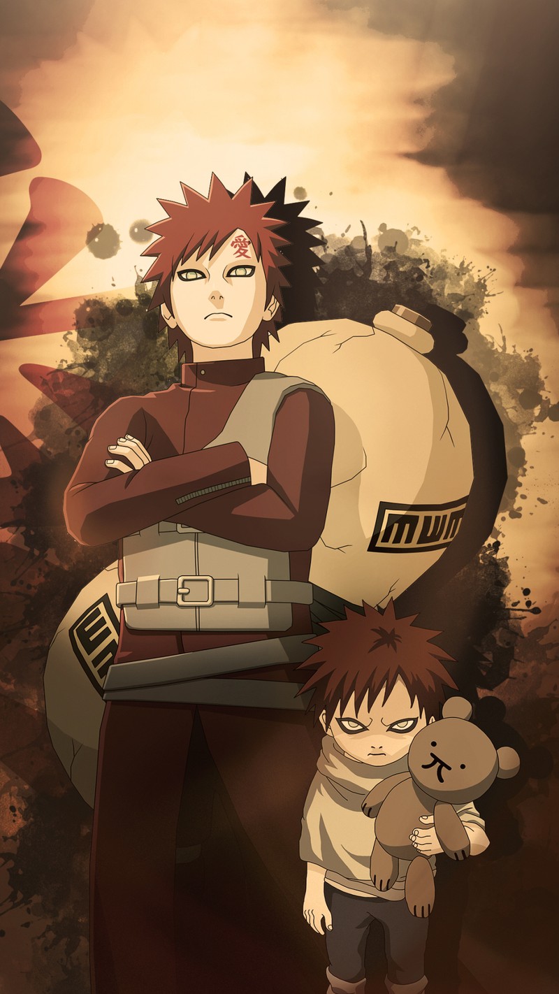 Персонажи аниме стоят перед большим камнем с рюкзаком (гаара, gaara, naruto, аниме, anime)