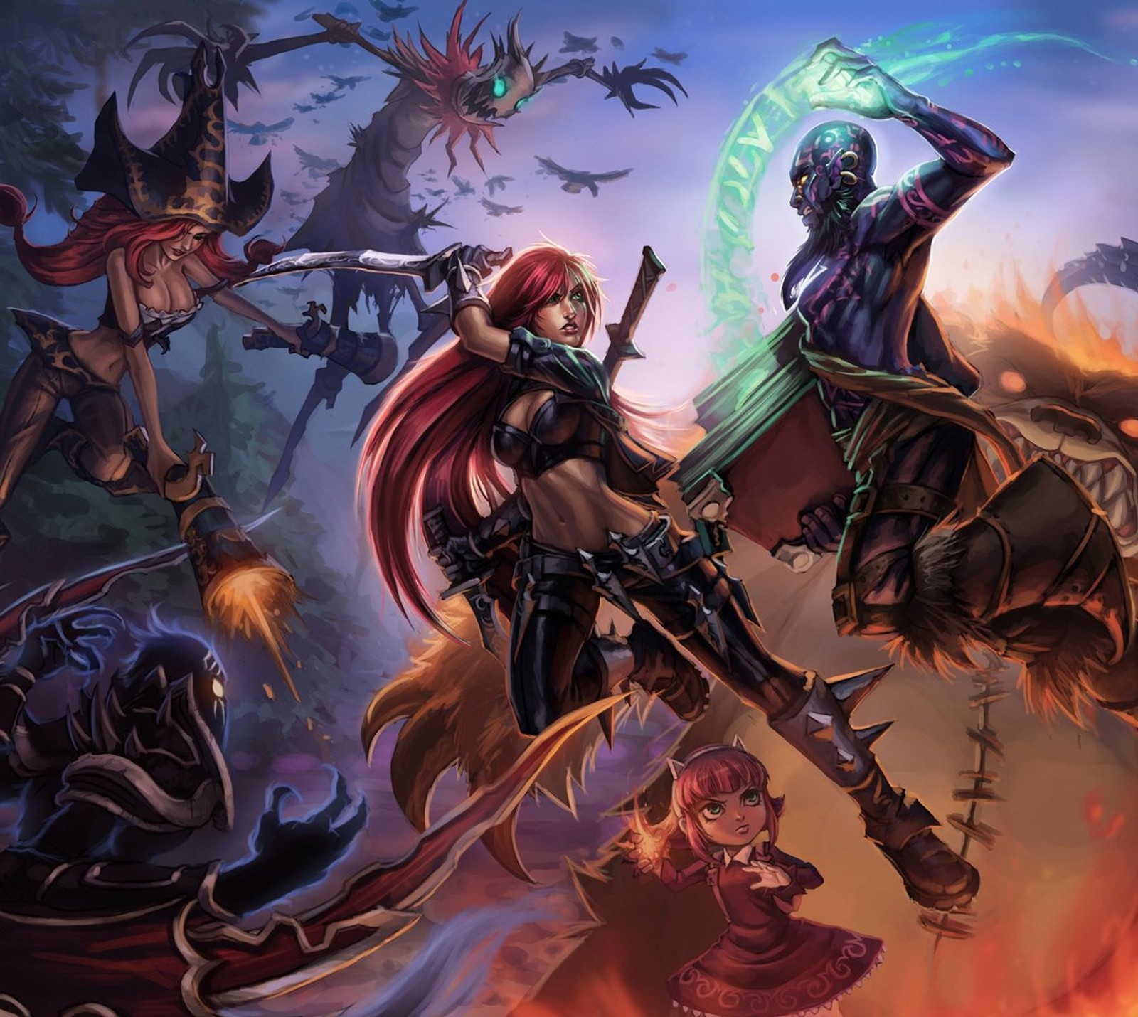 Um grupo de personagens em uma batalha com um demônio e um demônio (katarina, league of legends, miss fortune, noturno, nocturne)